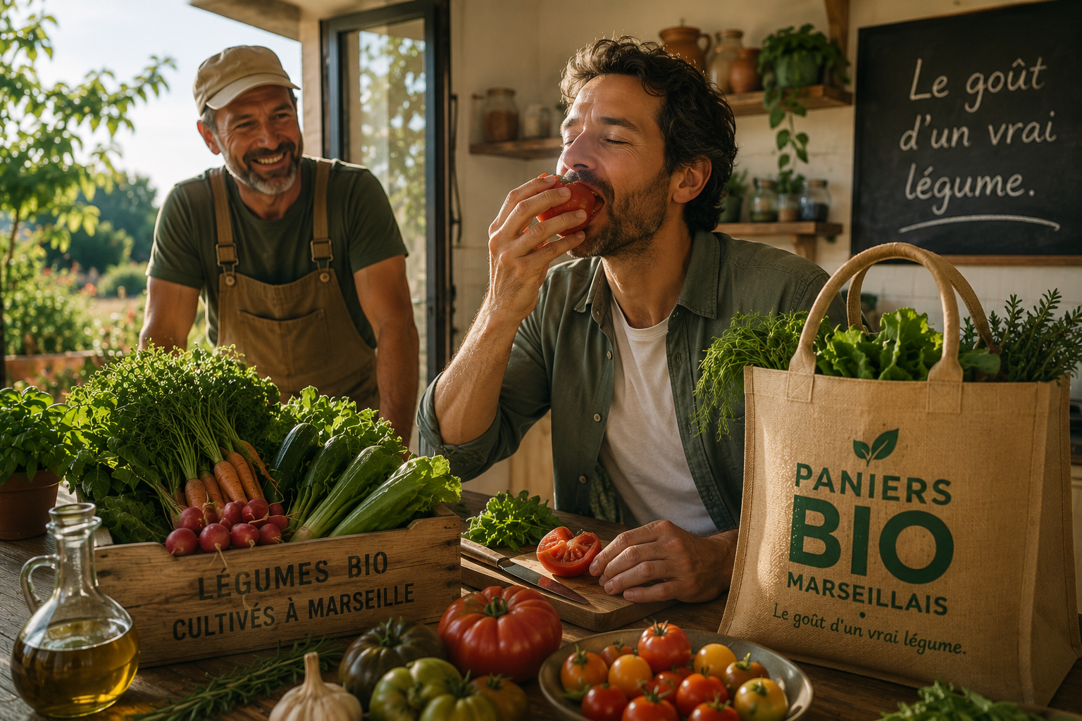 Le goût d’un vrai légume : un consommateur savoure une tomate bio fraîche aux côtés d’un producteur local dans une cuisine à Marseille